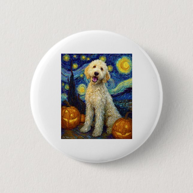 Goldendoodle Niedlich Hund Halloween Kürbislaterne Button (Vorderseite)
