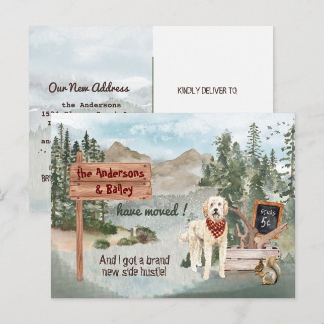 Goldendoodle Pine Woods - Neue Adresse Ankündigungspostkarte (Vorne/Hinten)