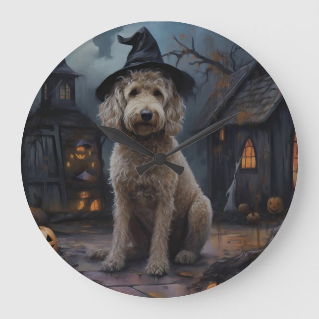 Goldendoodle Pumpkins Halloween Beängstigend Große Wanduhr (Vorderseite)