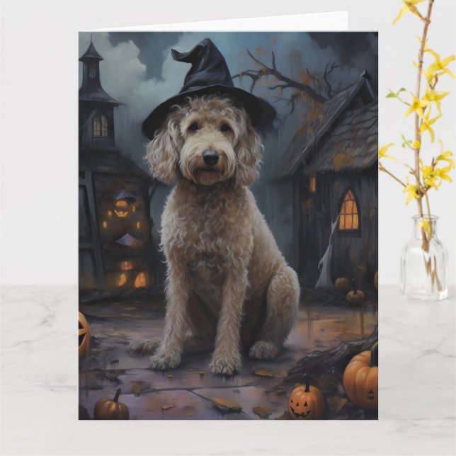 Goldendoodle Pumpkins Halloween Beängstigend Karte (Gelbe Blume)
