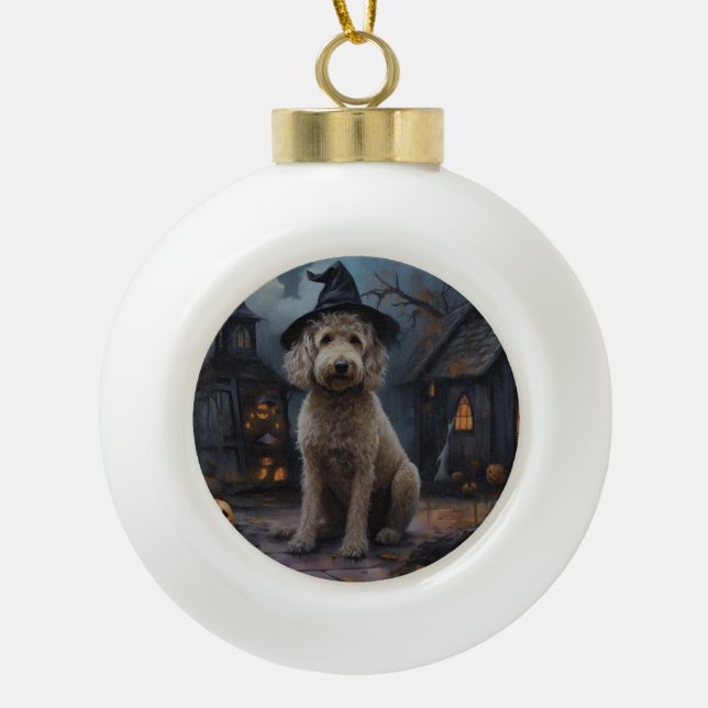 Goldendoodle Pumpkins Halloween Beängstigend Keramik Kugel-Ornament (Vorderseite)