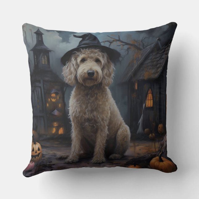 Goldendoodle Pumpkins Halloween Beängstigend Kissen (Rückseite)