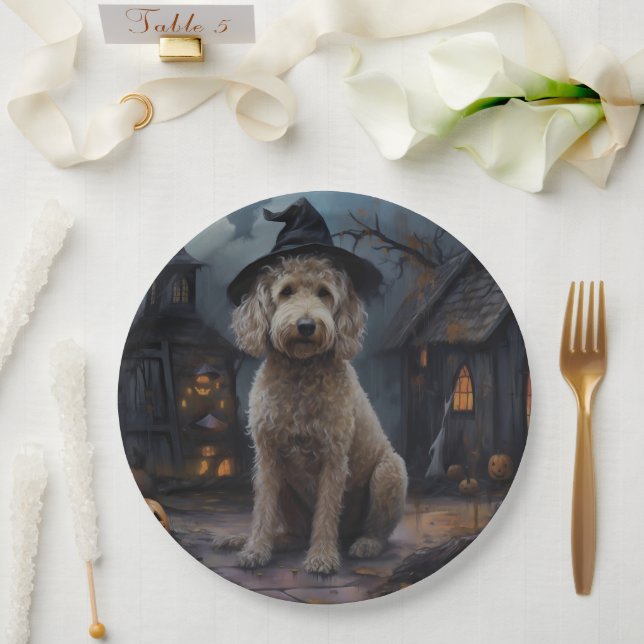 Goldendoodle Pumpkins Halloween Beängstigend Pappteller (Hochzeit)