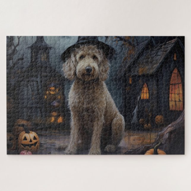 Goldendoodle Pumpkins Halloween Beängstigend Puzzle (Horizontal)