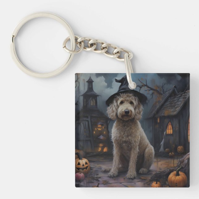 Goldendoodle Pumpkins Halloween Beängstigend Schlüsselanhänger (Vorderseite)
