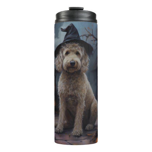 Goldendoodle Pumpkins Halloween Beängstigend Thermosbecher (Vorderseite)