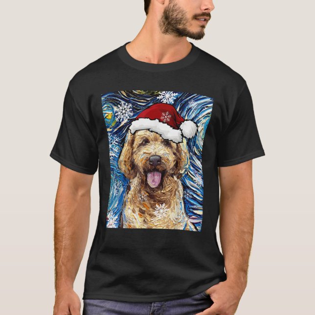Goldendoodle Santa Starry Night Dog Christmas Art  T-Shirt (Vorderseite)