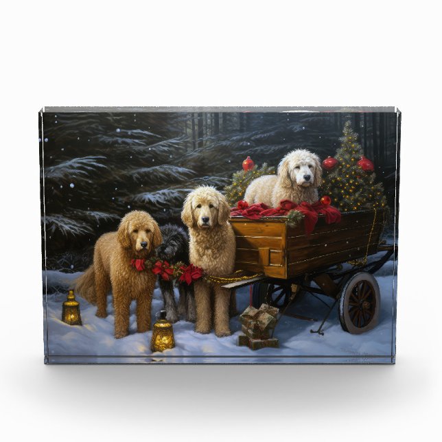 Goldendoodle Snowy Sleigh Weihnachtsdekor Fotoblock (Vorderseite)