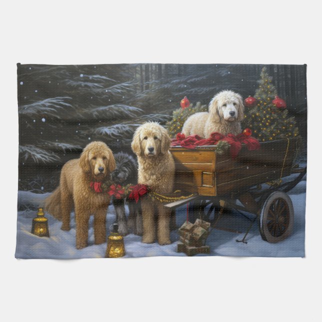 Goldendoodle Snowy Sleigh Weihnachtsdekor Geschirrtuch (Horizontal)