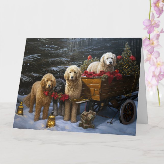 Goldendoodle Snowy Sleigh Weihnachtsdekor Karte (Orchidee)
