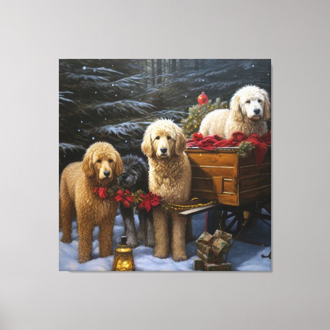 Goldendoodle Snowy Sleigh Weihnachtsdekor Leinwanddruck (Vorderseite)