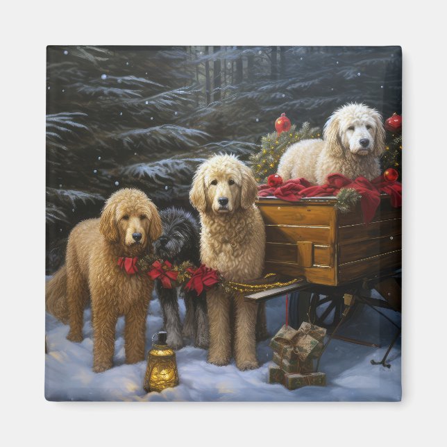 Goldendoodle Snowy Sleigh Weihnachtsdekor Magnet (Vorne)