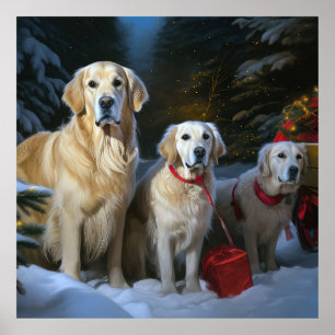 Goldendoodle Snowy Sleigh Weihnachtsdekor Poster