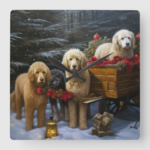 Goldendoodle Snowy Sleigh Weihnachtsdekor Quadratische Wanduhr