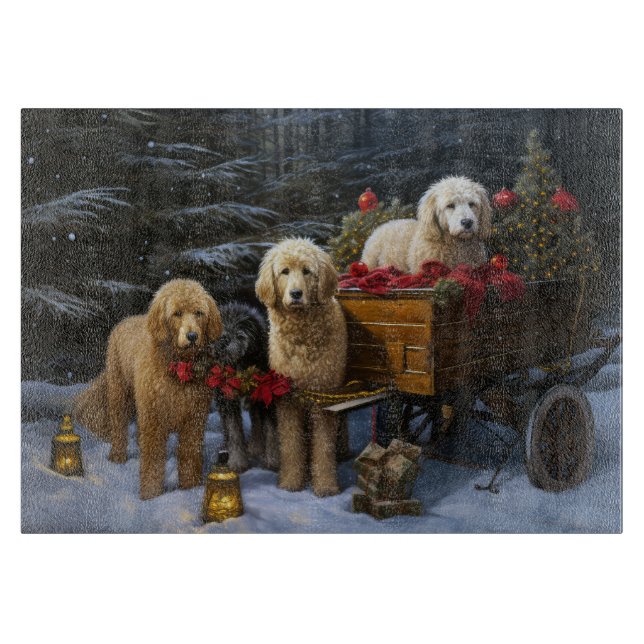 Goldendoodle Snowy Sleigh Weihnachtsdekor Schneidebrett (Vorderseite)