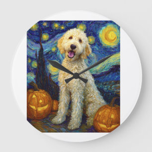 Goldendoodle Süßer Hund Halloween Jack O Kürbis Große Wanduhr