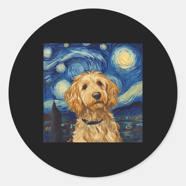 Goldendoodle Van Gogh Starry Night Runder Aufkleber (Vorderseite)