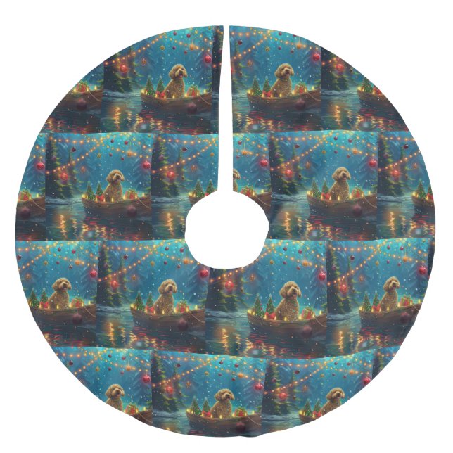 Goldendoodle Weihnachten Feierliche Reise Polyester Weihnachtsbaumdecke (Vorderseite)