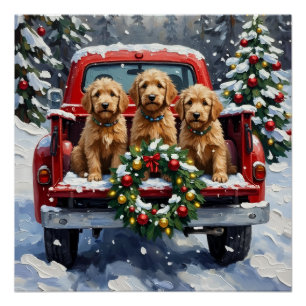 Goldendoodle Weihnachten Rotes Lastwagen Urlaub Poster