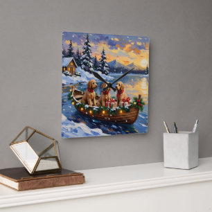 Goldendoodle Weihnachtsboot Urlaub Quadratische Wanduhr