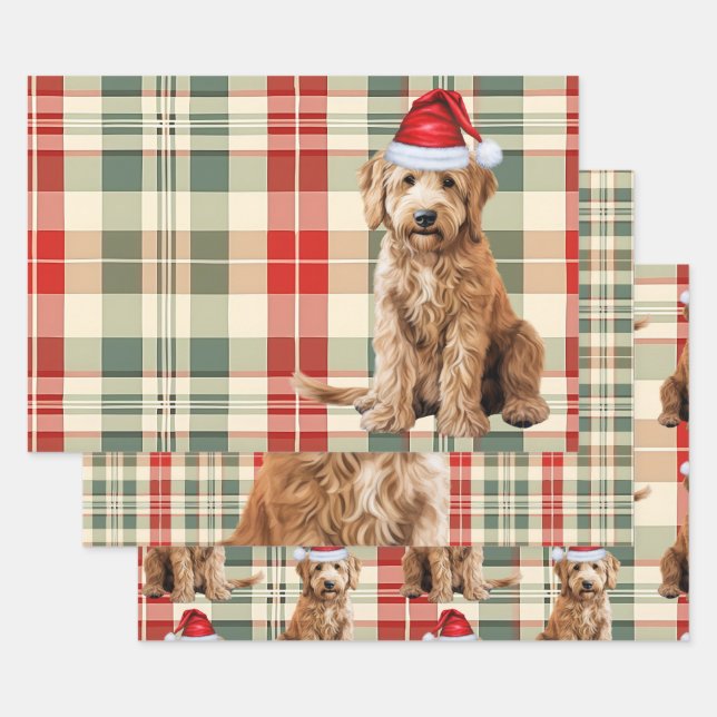 Goldendoodle Weihnachtshund Roter Feiertag Kariert Geschenkpapier Set (Set)