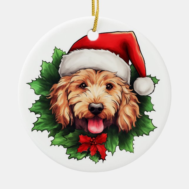 Goldendoodle Weihnachtskranz Keramik Ornament (Vorne)