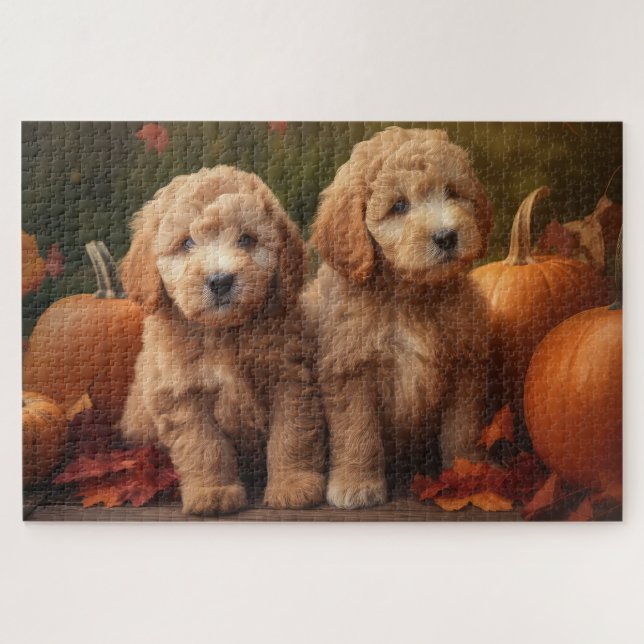 Goldendoodle Welpe Herbst Kürbis Puzzle (Horizontal)