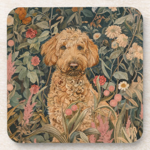 Goldendoodle-Welpe im William-Morris-Stil-Garten Getränkeuntersetzer