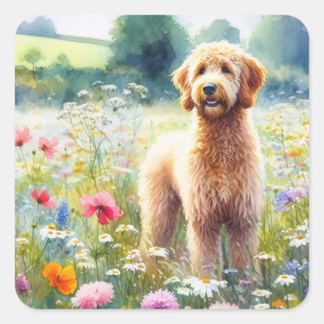 Goldendoodle-Wildblume-Feld Wasserfarbe Quadratischer Aufkleber (Vorderseite)