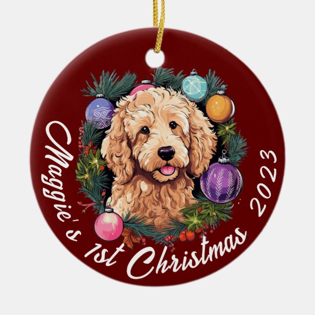 Goldendoodle's erstes Weihnachten Keramik Ornament (Vorne)