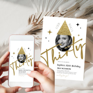 Goldene 30. Geburtstagsfeier Einladung mit Foto
