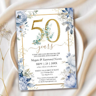 Goldene 50. Hochzeitstag Dusty Blue Floral Einladung