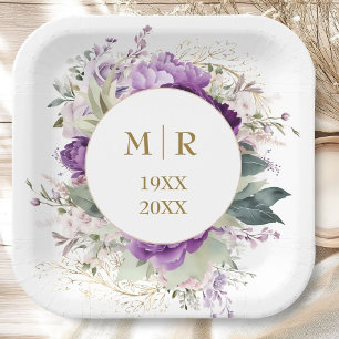 Goldene 50. Hochzeitstag Lila Pfingstrose Floral Pappteller