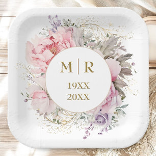 Goldene 50. Hochzeitstag Pink Peony Floral Pappteller