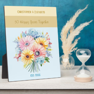 Goldene 50. Jubiläumsblumen Namen blau Fotoplatte