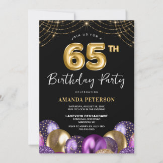 Goldene 65. Geburtstagsparty Lila Einladung