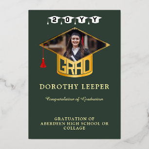 Goldene Abschlussmütze und Foto Abschlussanzeige Folieneinladung