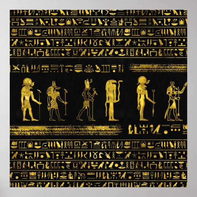 Goldene ägyptische Götter und Hieroglyphen auf Led Poster (Vorne)
