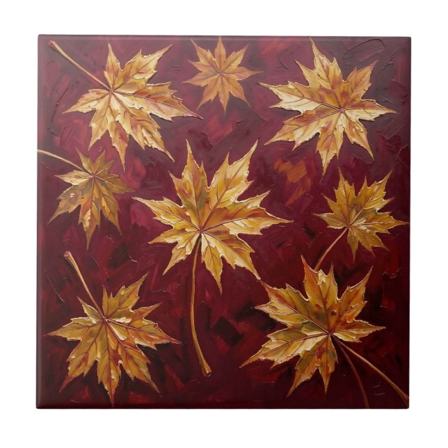 Goldene Ahornblätter Herbstmalerei Fliese (Vorderseite)