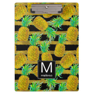 Goldene Ananas auf Monogramm der Streifen-  Klemmbrett