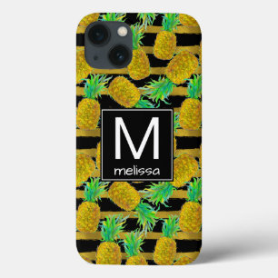 Goldene Ananas auf Streifen Monogramm iPhone 13 Hülle