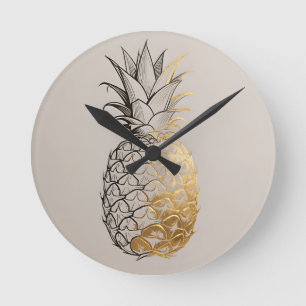 Goldene Ananas-Linienkunst Runde Wanduhr