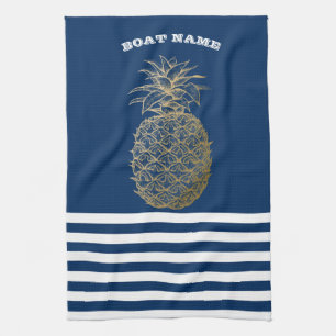 Goldene Ananas Marine Navy Blau Gestreift Geschirrtuch