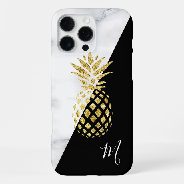 Goldene Ananas Marmor Schwarz Monogramm iPhone Hülle (Rückseite)
