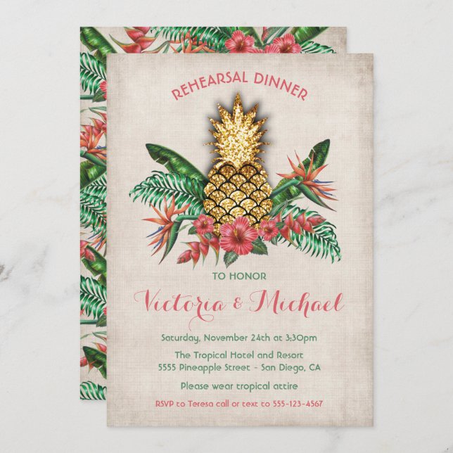 Goldene Ananas Probe Abendessen Einladung (Vorne/Hinten)