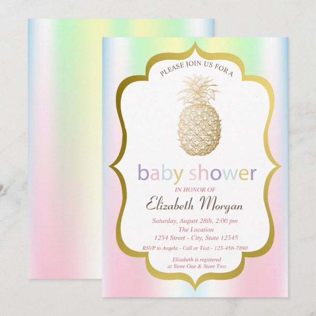 Goldene Ananas Tropical Holographic Baby Shower Einladung (Vorne/Hinten)