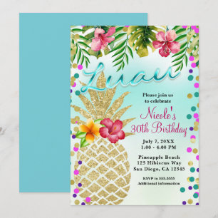 Goldene Ananas- und tropische Blätter-Luau-Party Einladung