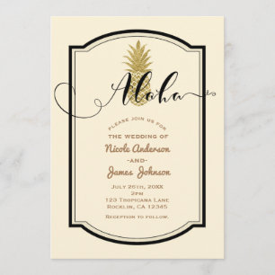 Goldene Ananascreme & Schwarze tropische Hochzeit Einladung
