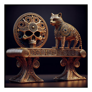 Goldene Android-Katze auf Podest mit Totenkopfschi Poster