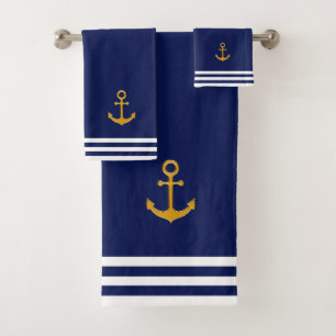 Goldene Anker und Streifen auf Navy Blue Badhandtuch Set